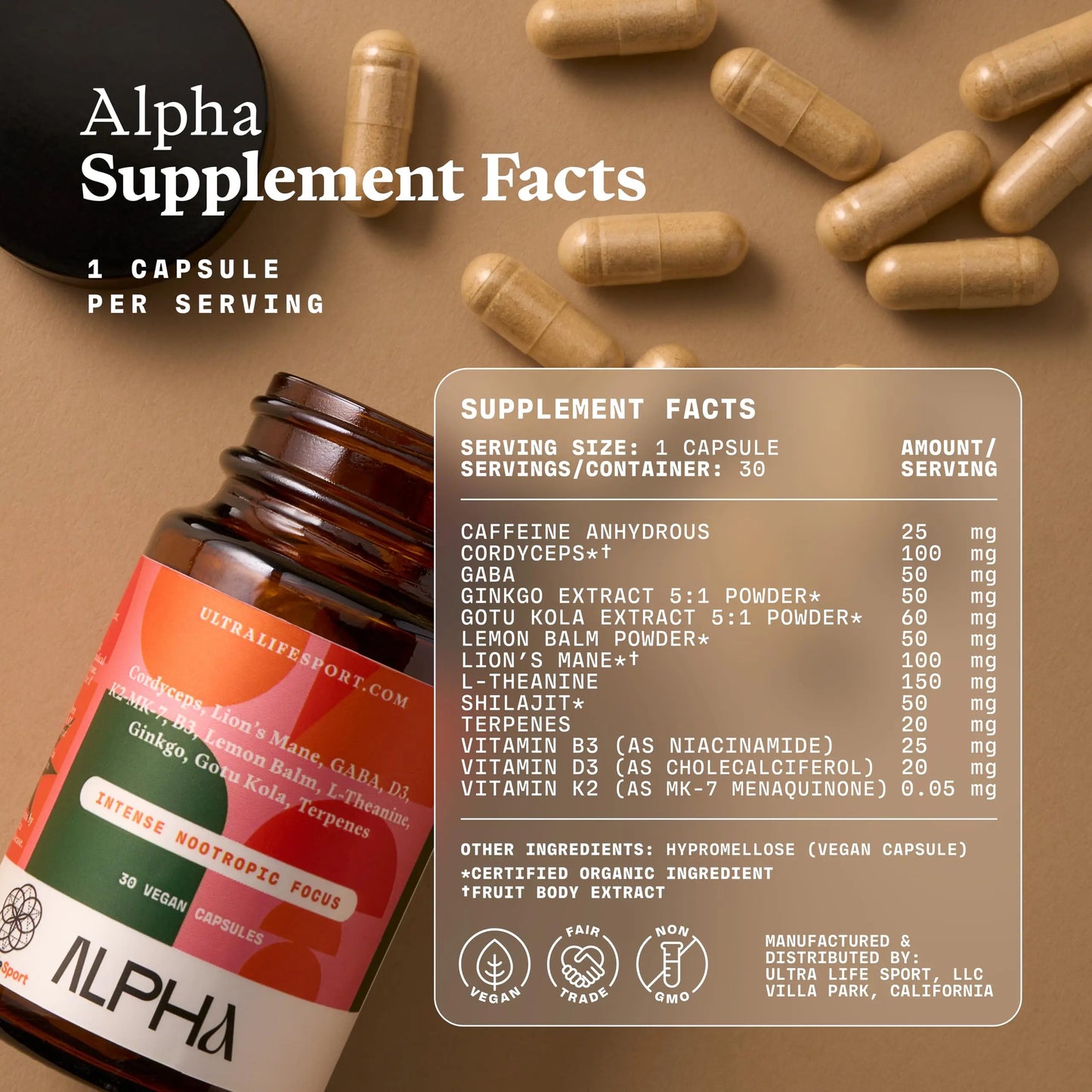 Ultra Life Sport - Alpha Nootropic - 30 Capsule Body and Brain Supplements for Memory and Focus - L-Theanine, B Vitamins, Lion's Mane, Cordyceps Mushrooms, Vitamin D3, K2 MK-7, Lemon Balm and Ginkgo Ultra Life Sport buy supplements Au