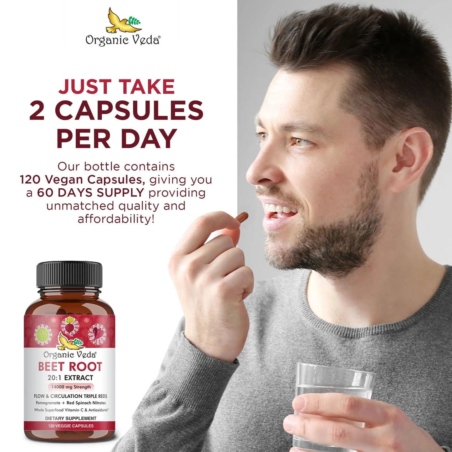 Organic Veda Beet Root Capsules - Triple Reds Nitric Oxide Beets Supplements - Concentrated Organic Veda