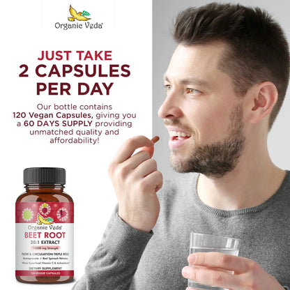 Organic Veda Beet Root Capsules - Triple Reds Nitric Oxide Beets Supplements - Concentrated Organic Veda