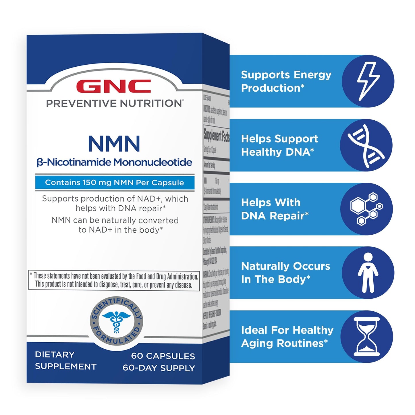 GNC Preventive Nutrition NMN, 150 mg, NAD+ Booster Supplement for Cellular Energy & DNA Repair, Anti-Aging Support, 60 Capsules, Gluten Free, 60 svg GNCBuy Supplements Australia