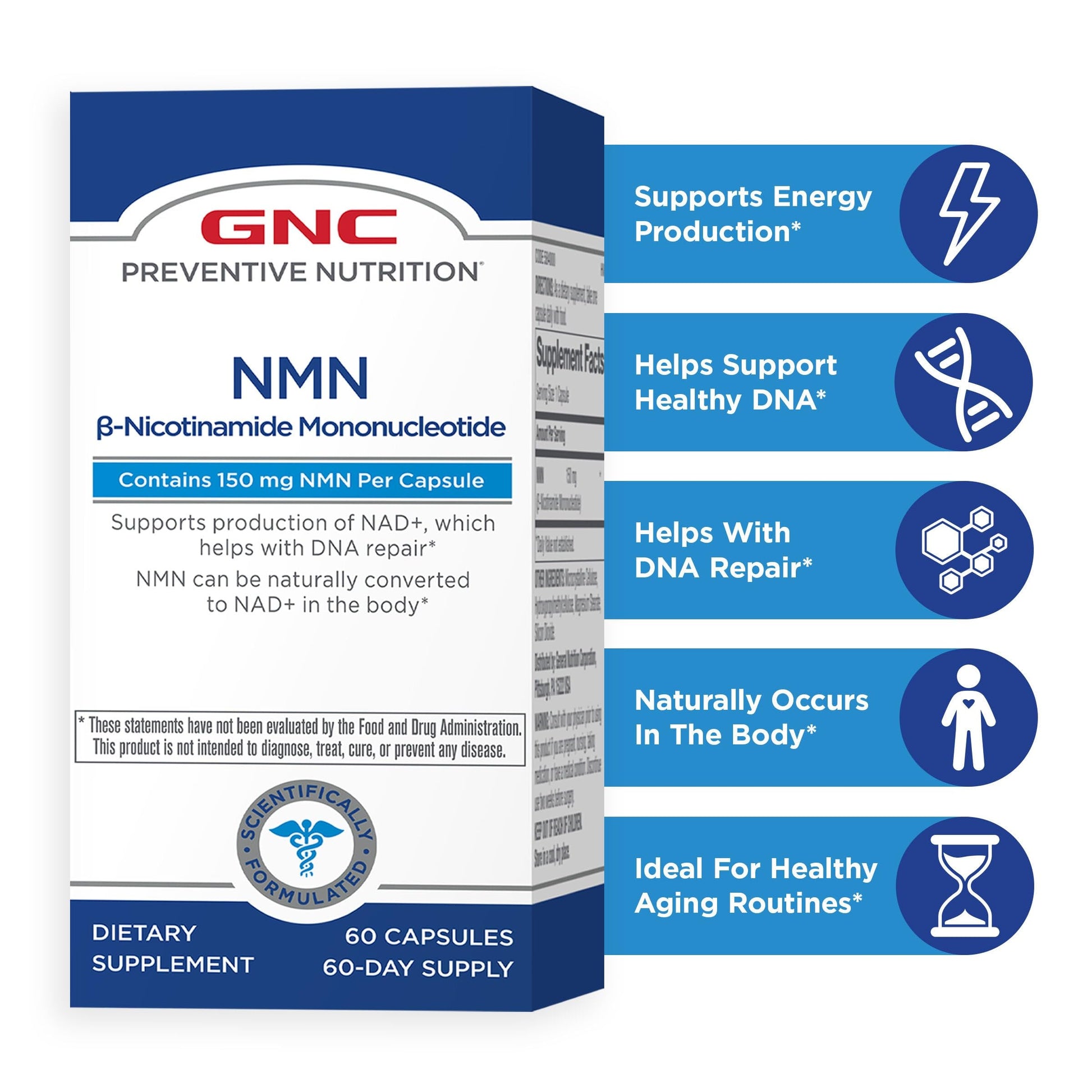 GNC Preventive Nutrition NMN, 150 mg, NAD+ Booster Supplement for Cellular Energy & DNA Repair, Anti-Aging Support, 60 Capsules, Gluten Free, 60 svg GNCBuy Supplements Australia