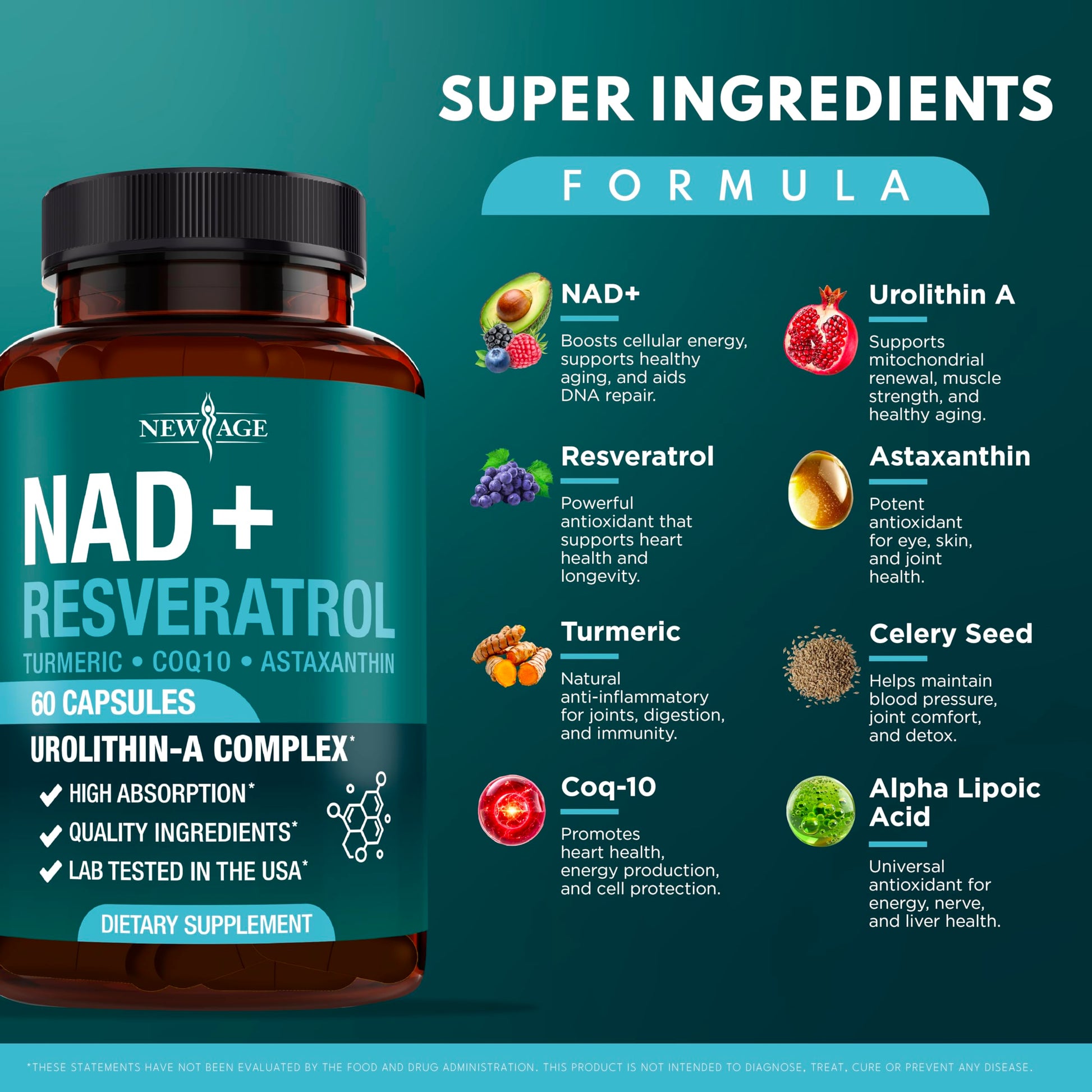 NEW AGE NAD+ Supplement Complex – NAD+ 300 mg with Astaxanthin, Urolithin A, Resveratrol, CoQ10 & Antioxidant Blend – Cellular Energy, Support or Women & Men – Vegan, Non-GMO- 120 Count NEW AGEBuy Supplements Australia