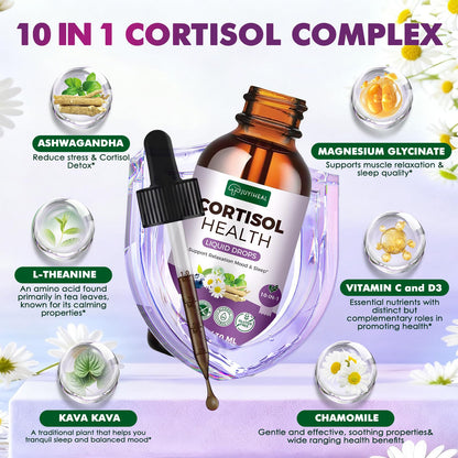 JUYIHEAL Cortisol Supplements, 10 in 1 Cortisol Detox Manager Reducer Hormone Balance Liquid Drops with Ashwagandha, Magnesium, L-theanine JUYIHEALBuy Supplements Australia