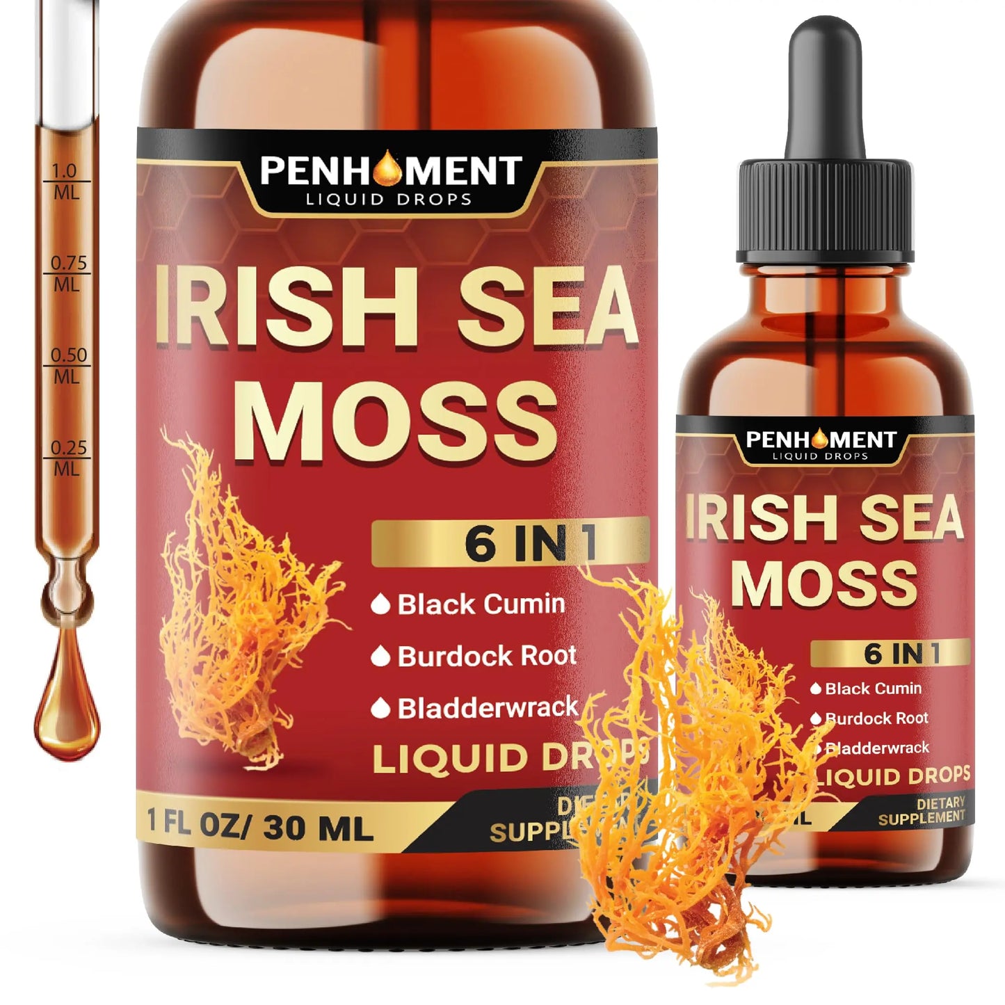 Penhoment Irish Sea Moss liquid drop bottles with dropper on a white background