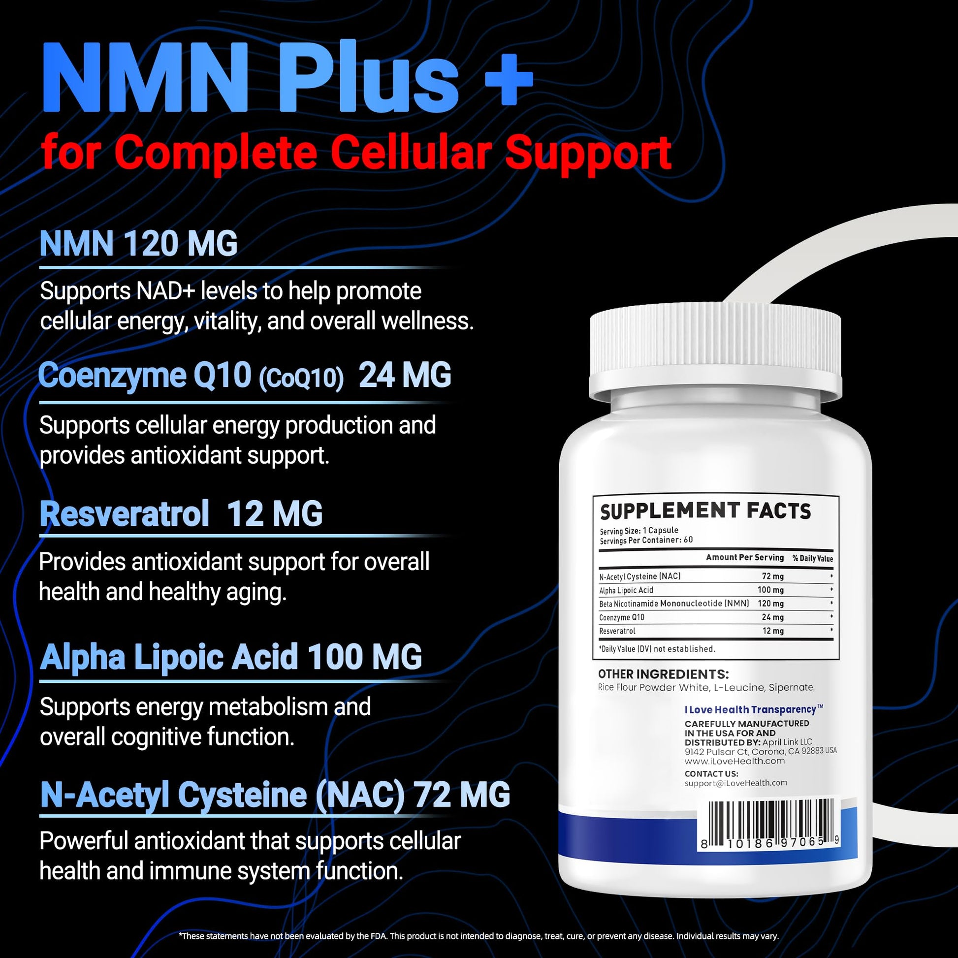 I LOVE HEALTH NMN Supplement, 5-in-1 Complex with NAC, Alpha Lipoic Acid, CoQ10 & Resveratrol - High Absorption Anti Aging Formula - Third Party Tested, cGMP, Gluten Free - 60 Capsules I LOVE HEALTHBuy Supplements Australia