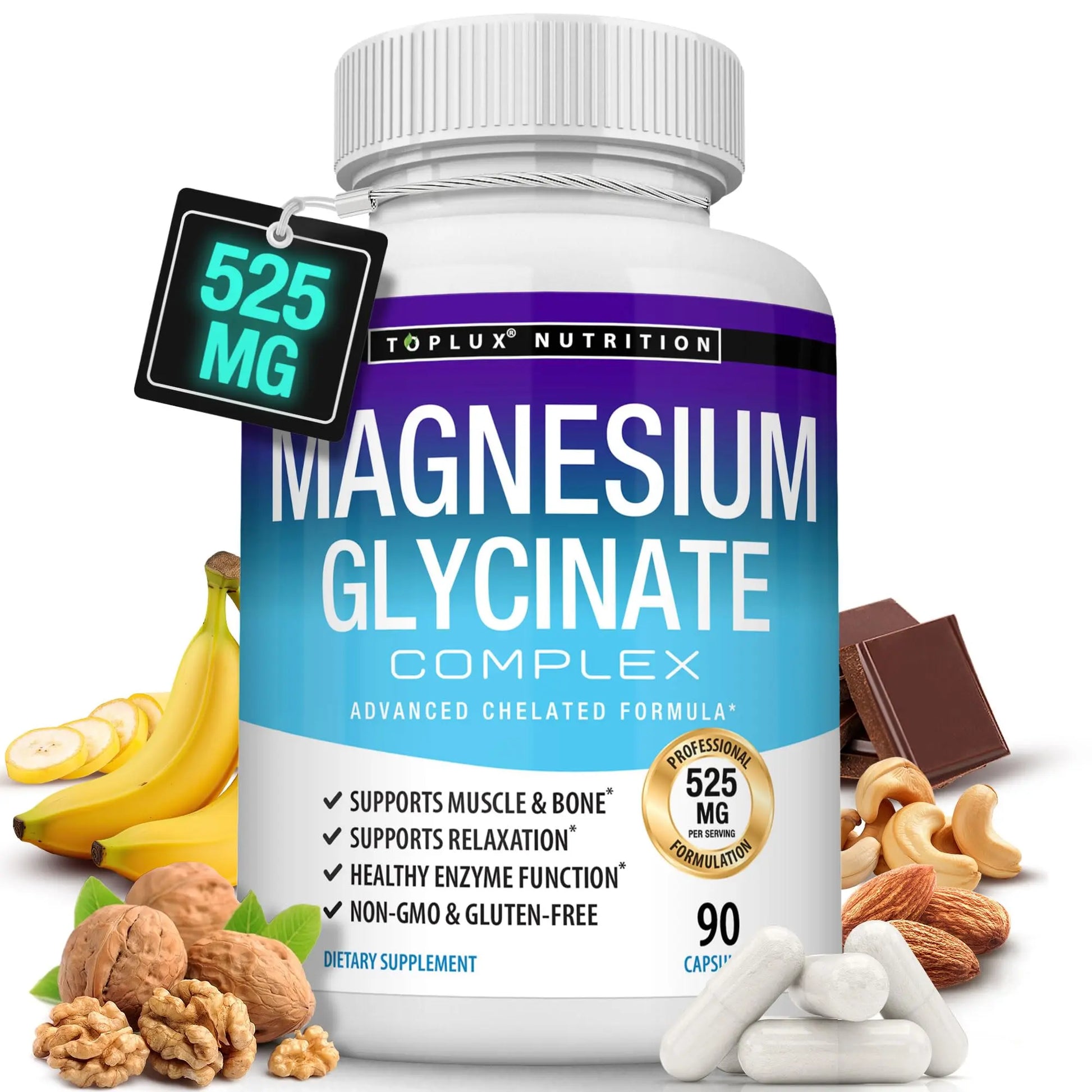 Magnesium Glycinate 525mg - High Absorption Chelated Magnesium Supplement Made with Pure Magnesium Glycinate - Supports Muscles, Sleep, Cramps, Recovery Bisglycinate Toplux