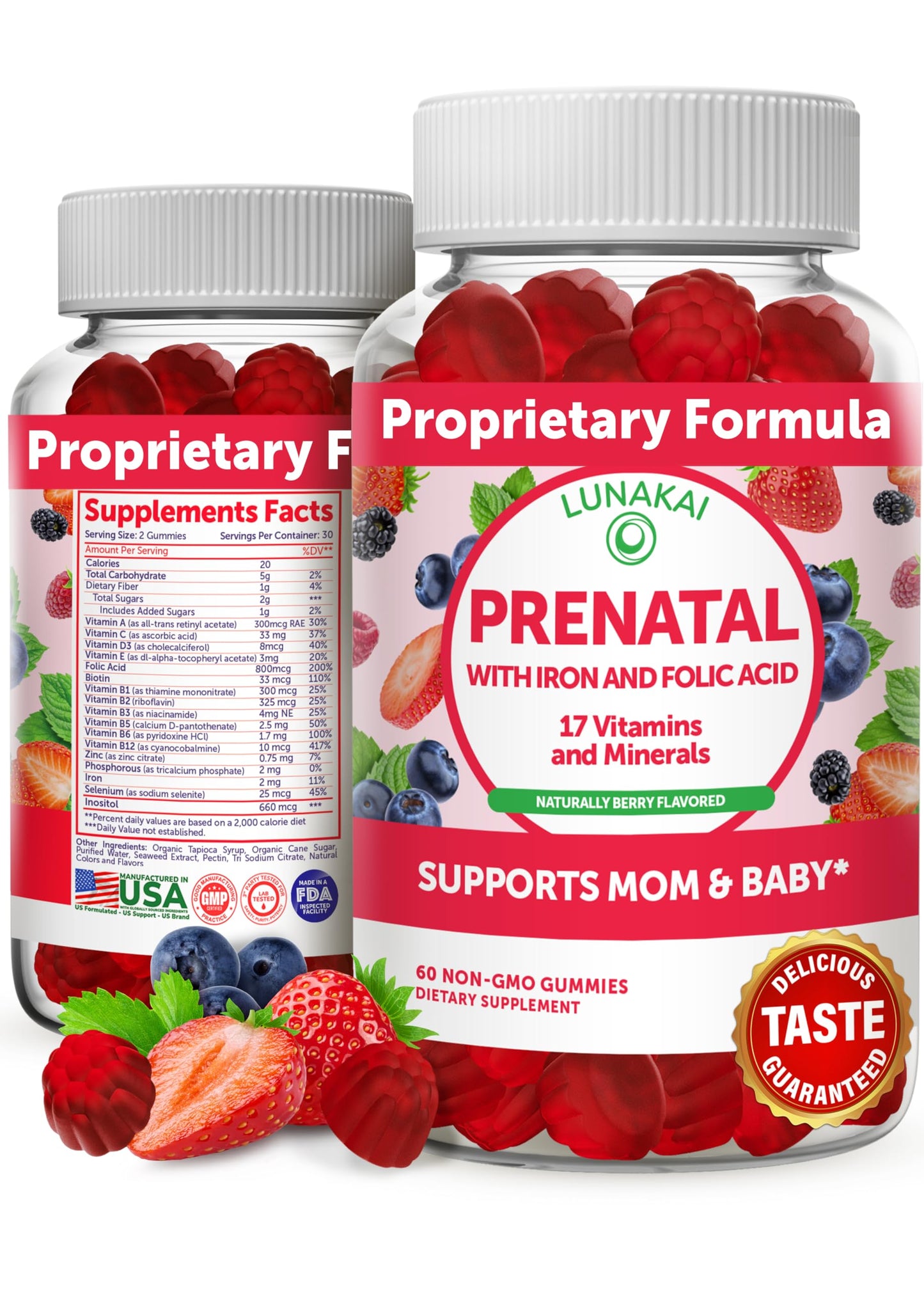 Prenatal Vitamins with Iron & Folic Acid - Proprietary Formula Pregnancy Multivitamin Gummies Lunakai