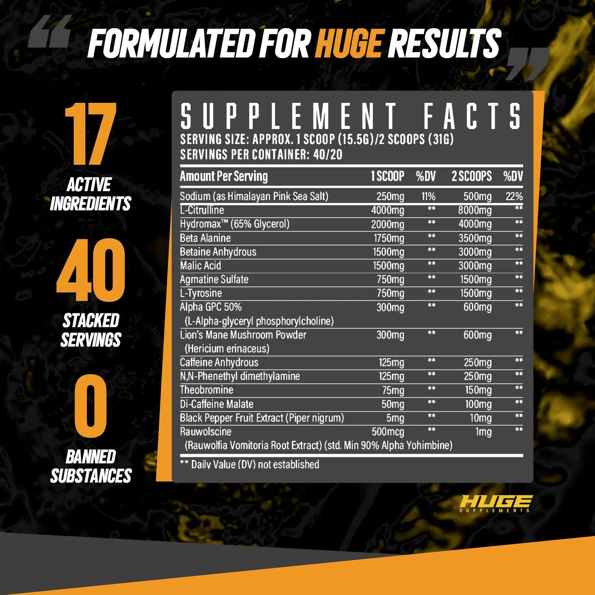 Huge Supplements Wrecked Pre-Workout Powder, 30G+ Ingredients Per Serving to Boost Huge Supplements