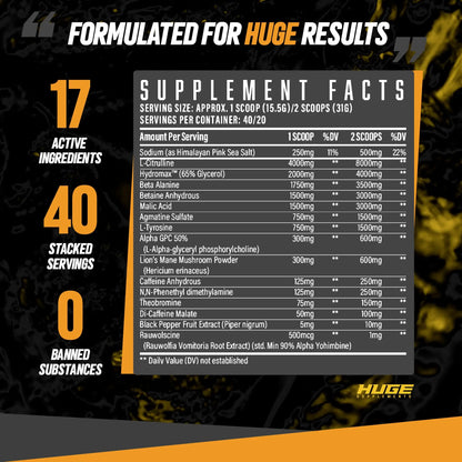 Huge Supplements Wrecked Pre-Workout Powder, 30G+ Ingredients Per Serving to Boost Huge Supplements