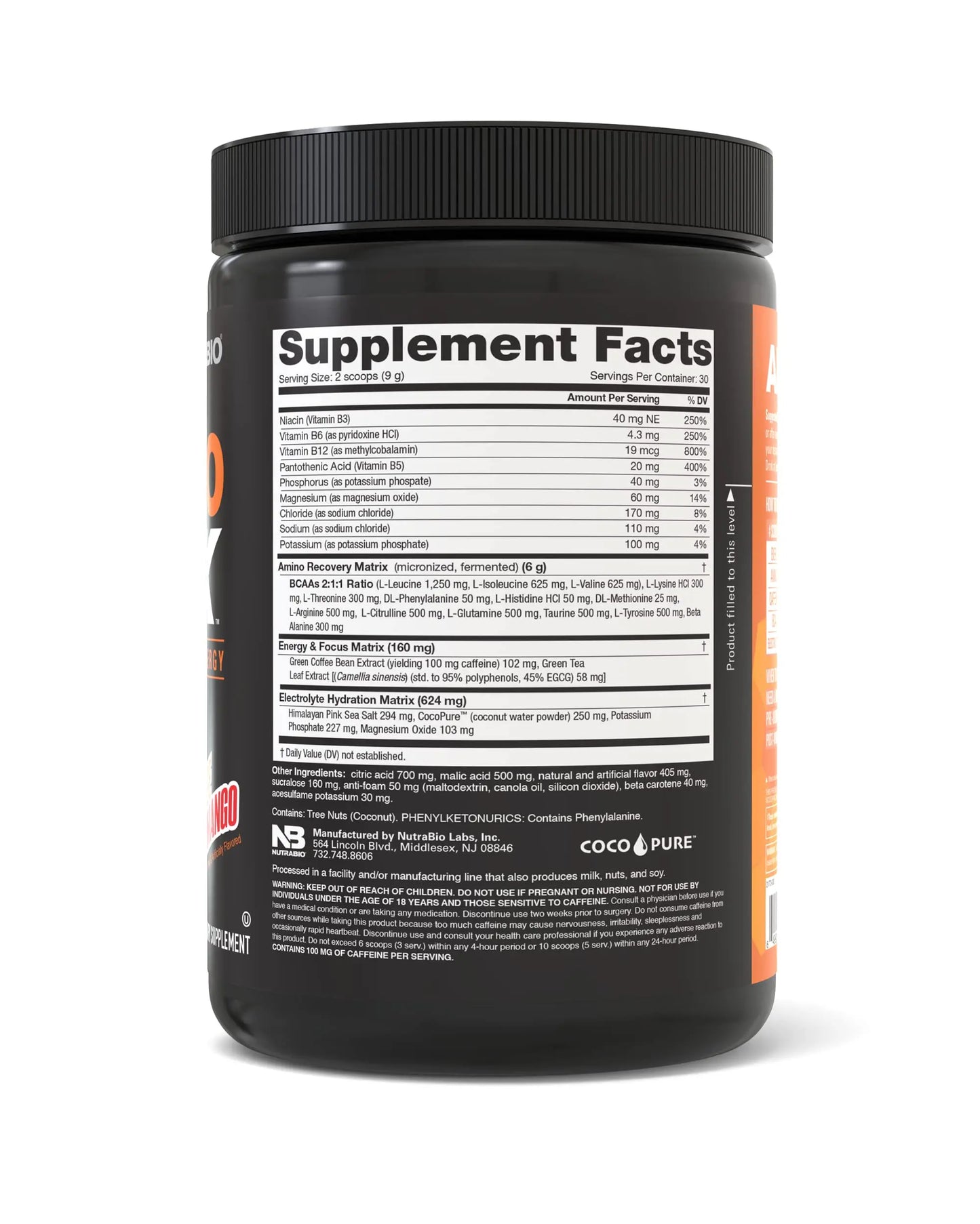 NutraBio Amino Kick - BCAA's, Electrolytes for Hydration, Natural Caffeine- 30 Servings NutraBio