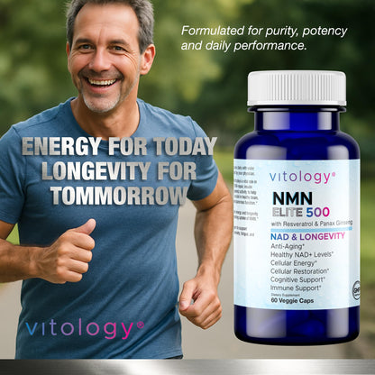 Vitology NMN Elite 500 – NMN 500mg, Resveratrol 200mg, Panax Ginseng 300mg – NAD+ Cellular Energy & Longevity Support Supplement – Focus, Vitality & Anti-Aging Formula – Non-GMO, Vegan Capsules VitologyBuy Supplements Australia