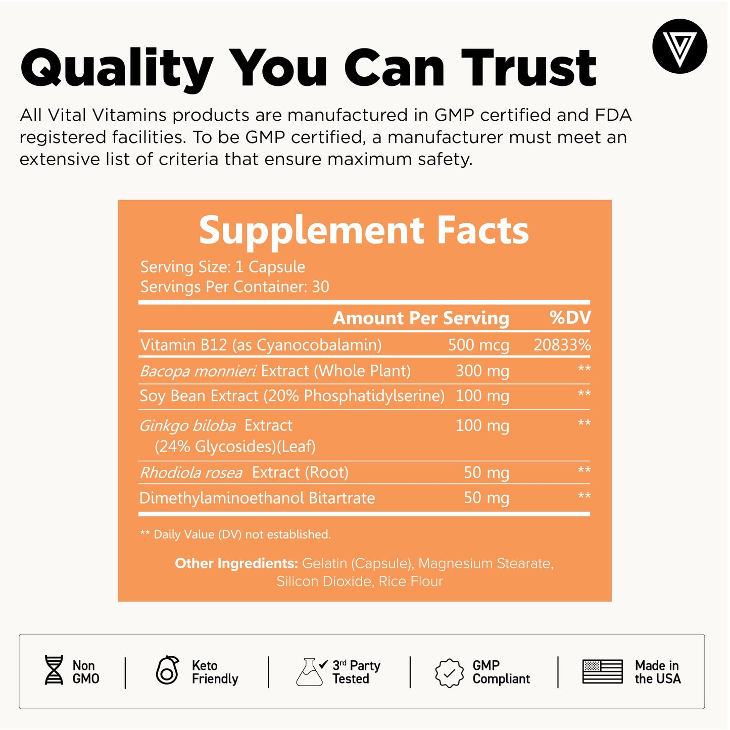 Vital Vitamins Brain Supplements with Bacopa Monnieri - for Memory and Focus – Nootropic Brain Booster - Caffeine-Free Support for Adults & Seniors – Non-GMO, 30-Day Supply, 30 Capsules Vital VitaminsBuy Supplements Australia
