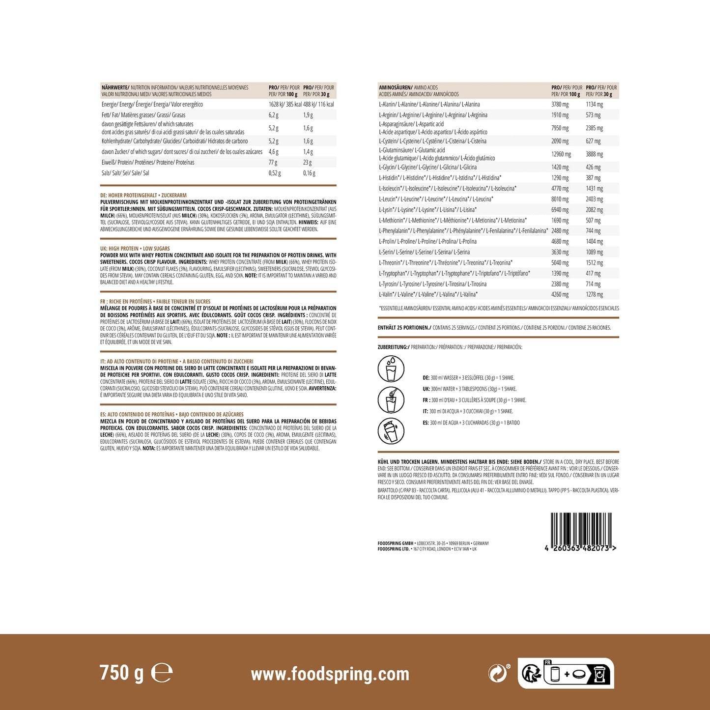 foodspring Whey Protein Powder Coconut – with 23g Protein for Muscle Building, Perfect Solubility, Made from Pasture Milk, Rich in BCAAs & EAAs - 750g foodspring