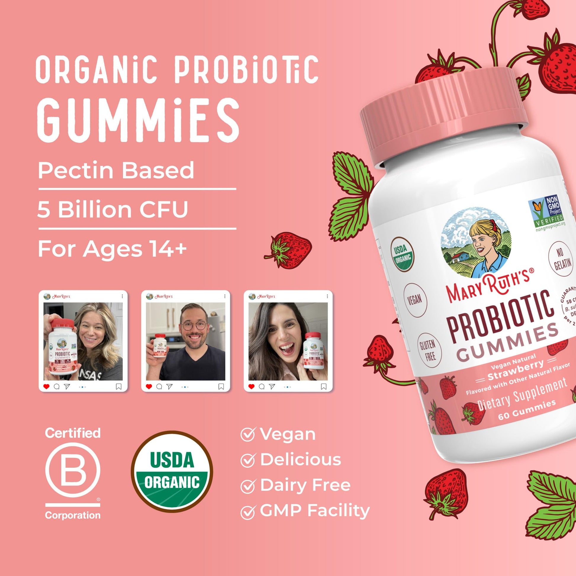 MaryRuth Organics USDA Organic Probiotic Gummies |Probiotics forWomen & Men Digestive Health & Gut Comfort Supplement 5 Billion CFU | Immune & Digestive Support | Vegan | Non-GMO | 60 Count MARYRUTH'SBuy Supplements Australia