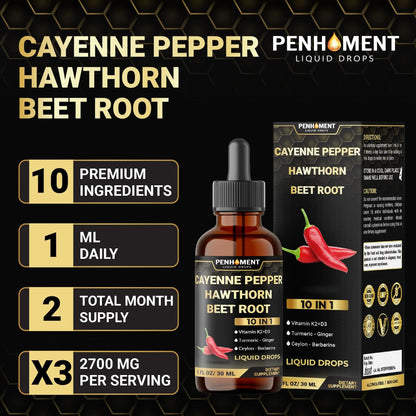 Penhoment 2 Packs - 2700 mg 10in1 Cayenne Pepper Liquid Drops with Hawthorn Berry, Vitamin D3 K2, Beet Root, Ginger Turmeric, Ginger, Ceylon Cinnamon, Berberine, and Ginseng - 2 Months Penhoment buy supplements Au