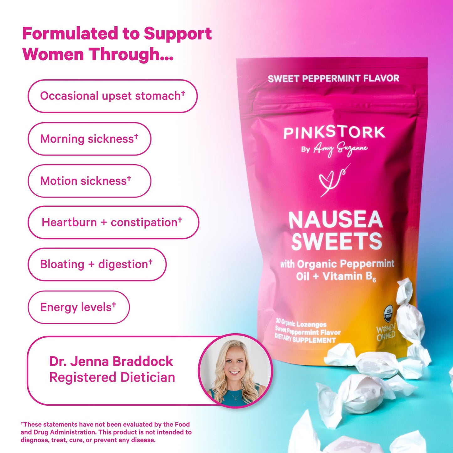 Pink Stork Organic Peppermint Sweets for Morning Sickness and Motion Sickness Support, Added Vitamin B6, 1st Trimester Pregnancy Must Haves - 30 Wrapped Peppermint Candies Pink StorkBuy Supplements Australia