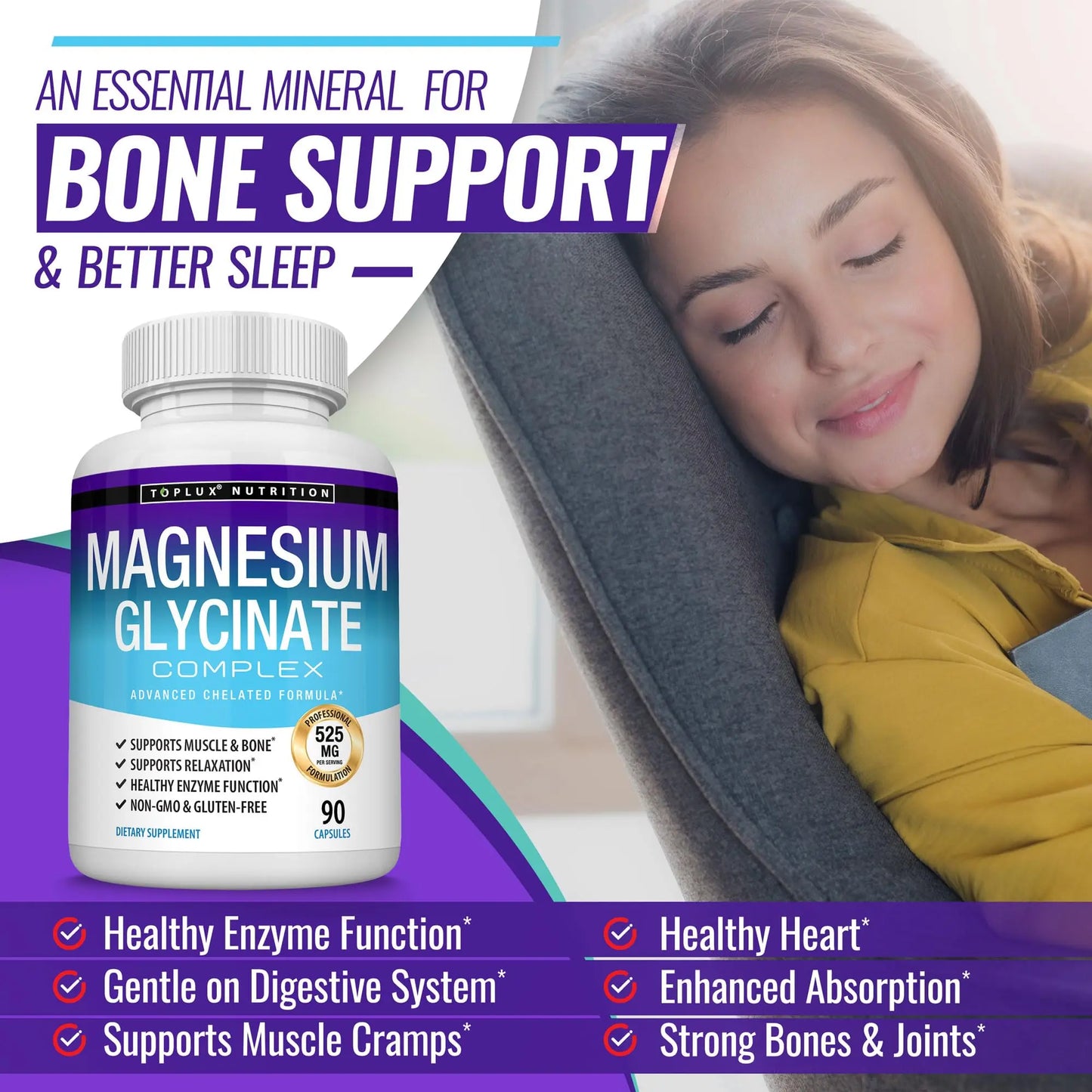 Magnesium Glycinate 525mg - High Absorption Chelated Magnesium Supplement Made with Pure Magnesium Glycinate - Supports Muscles, Sleep, Cramps, Recovery Bisglycinate Toplux
