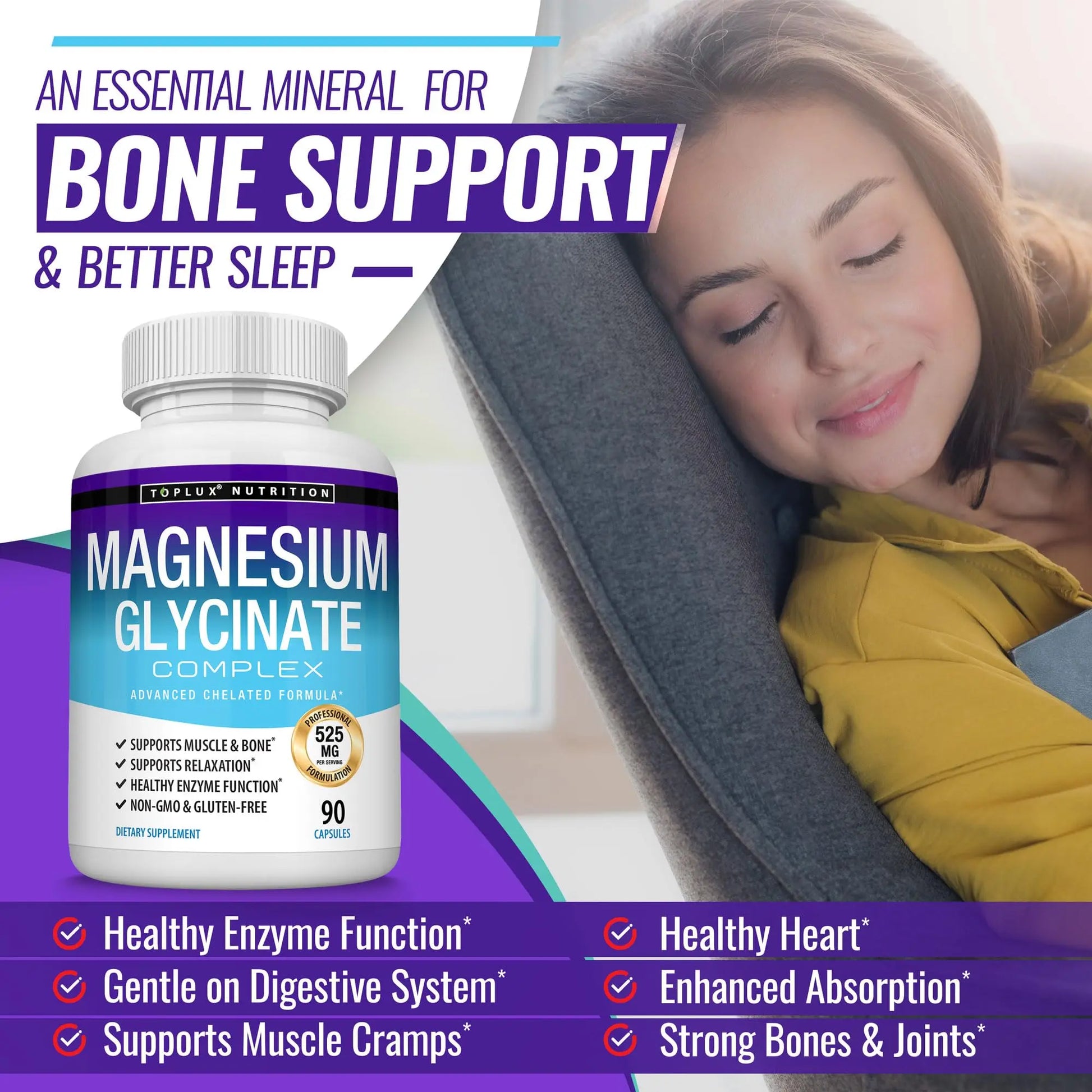 Magnesium Glycinate 525mg - High Absorption Chelated Magnesium Supplement Made with Pure Magnesium Glycinate - Supports Muscles, Sleep, Cramps, Recovery Bisglycinate Toplux