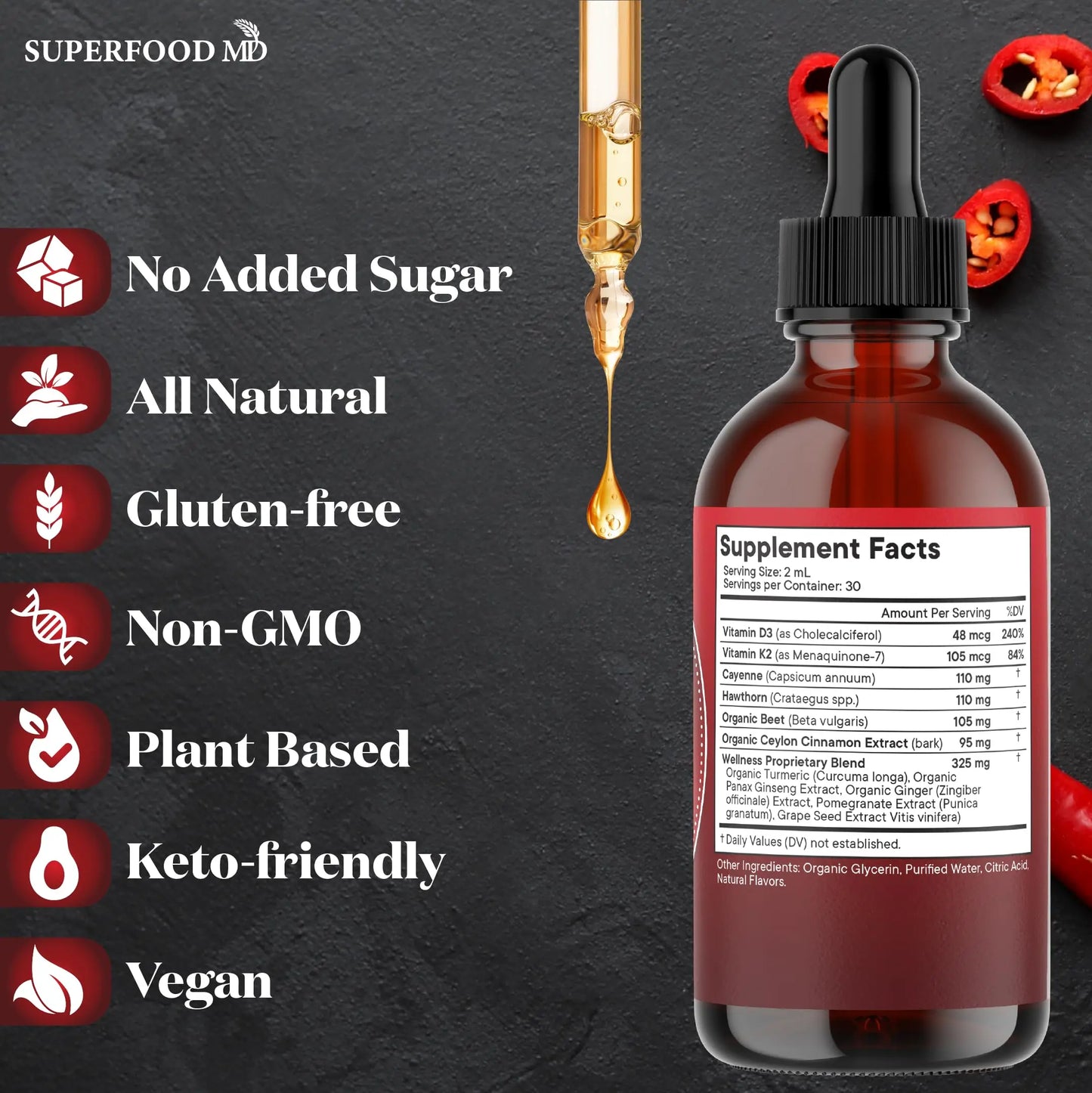 Cayenne Pepper Supplement Liquid Drops + Hawthorn Berry, Vitamin D3 K2 Beet Root Powder, Ceylon Cinnamon, Turmeric Curcumin, Organic Panax Ginseng - 4 OZ Superfood MD buy supplements Au