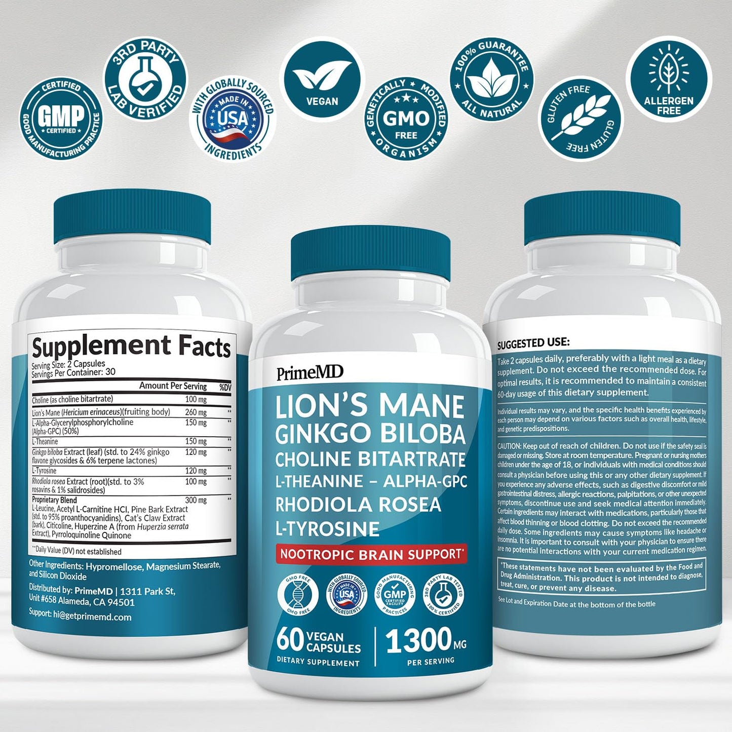 14-in-1 Lions Mane Supplement Capsules - Nootropic Brain Supplement with Ginkgo Biloba for Brain Support, Memory and Focus - Alpha GPC, L Theanine & Choline Supplements with 1300mg Per Serving (60 ct) PrimeMDBuy Supplements Australia