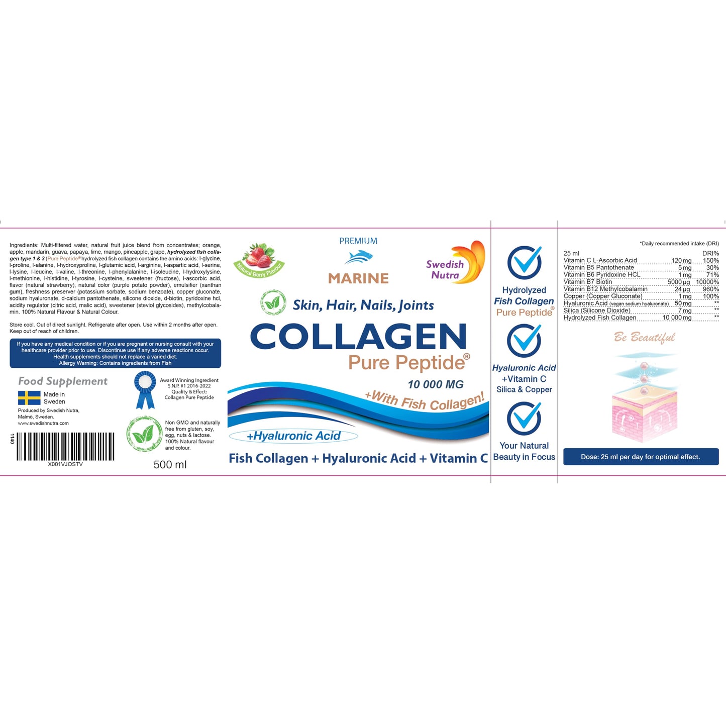Marine Liquid Collagen 10000mg 500 ml I Pure Hydrolyzed Collagen Peptides Swedish NutraBuy Supplements Australia