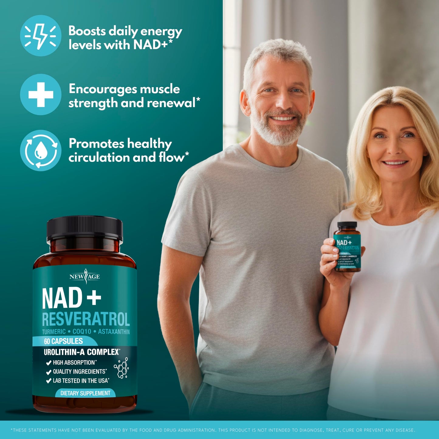 NEW AGE NAD+ Supplement Complex – NAD+ 300 mg with Astaxanthin, Urolithin A, Resveratrol, CoQ10 & Antioxidant Blend – Cellular Energy, Support or Women & Men – Vegan, Non-GMO- 120 Count NEW AGEBuy Supplements Australia