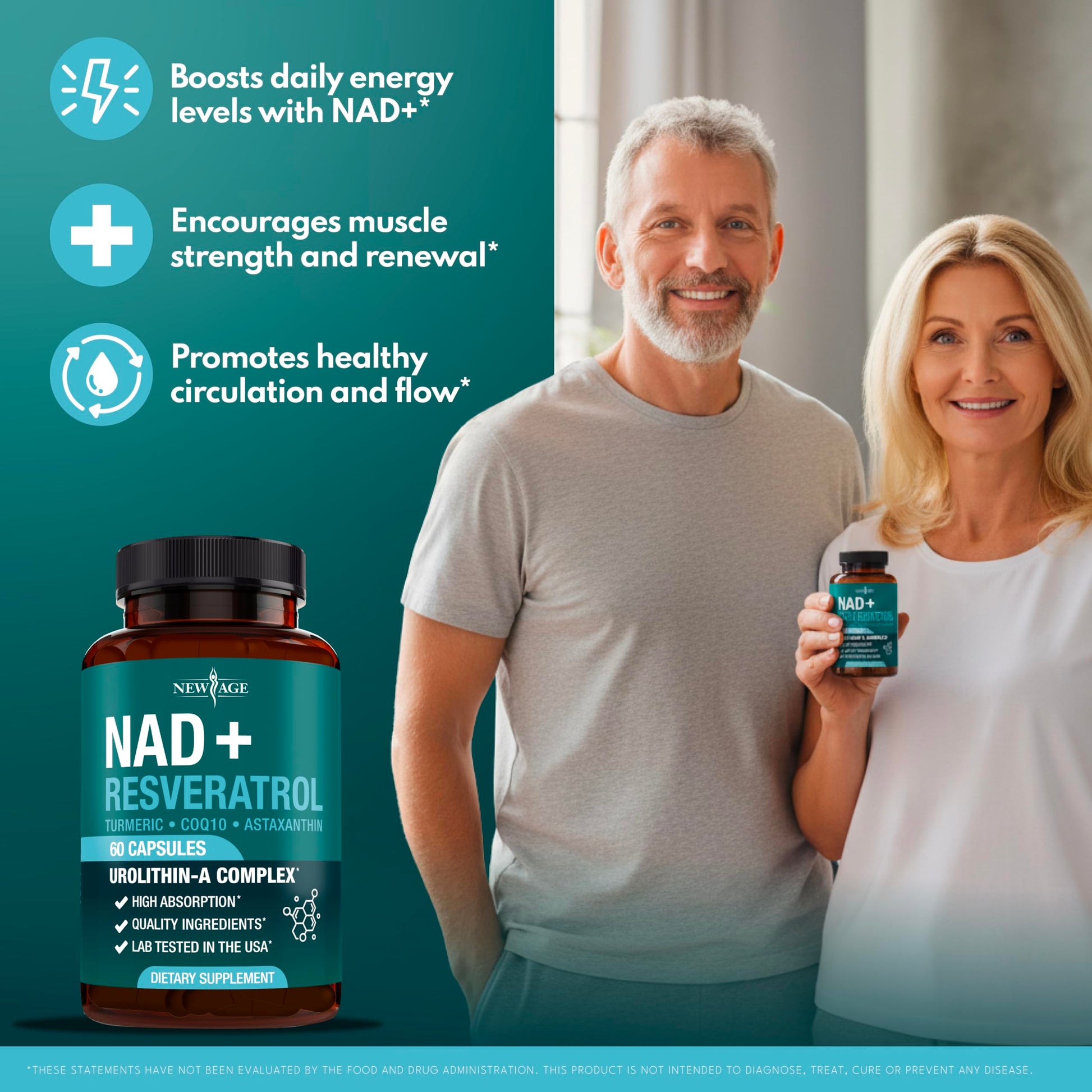 NEW AGE NAD+ Supplement Complex – NAD+ 300 mg with Astaxanthin, Urolithin A, Resveratrol, CoQ10 & Antioxidant Blend – Cellular Energy, Support or Women & Men – Vegan, Non-GMO- 120 Count NEW AGEBuy Supplements Australia