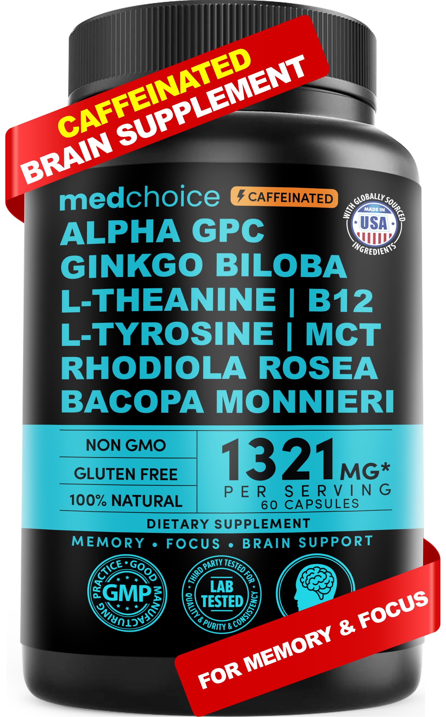 12-in-1 Nootropic Brain Supplement with Caffeine Anhydrous: Ginkgo Biloba for Brain Support, Memory and Focus - B12, Alpha GPC, L Theanine and Choline Supplements with Bioperine with 1321mg (60ct) MEDCHOICEBuy Supplements Australia
