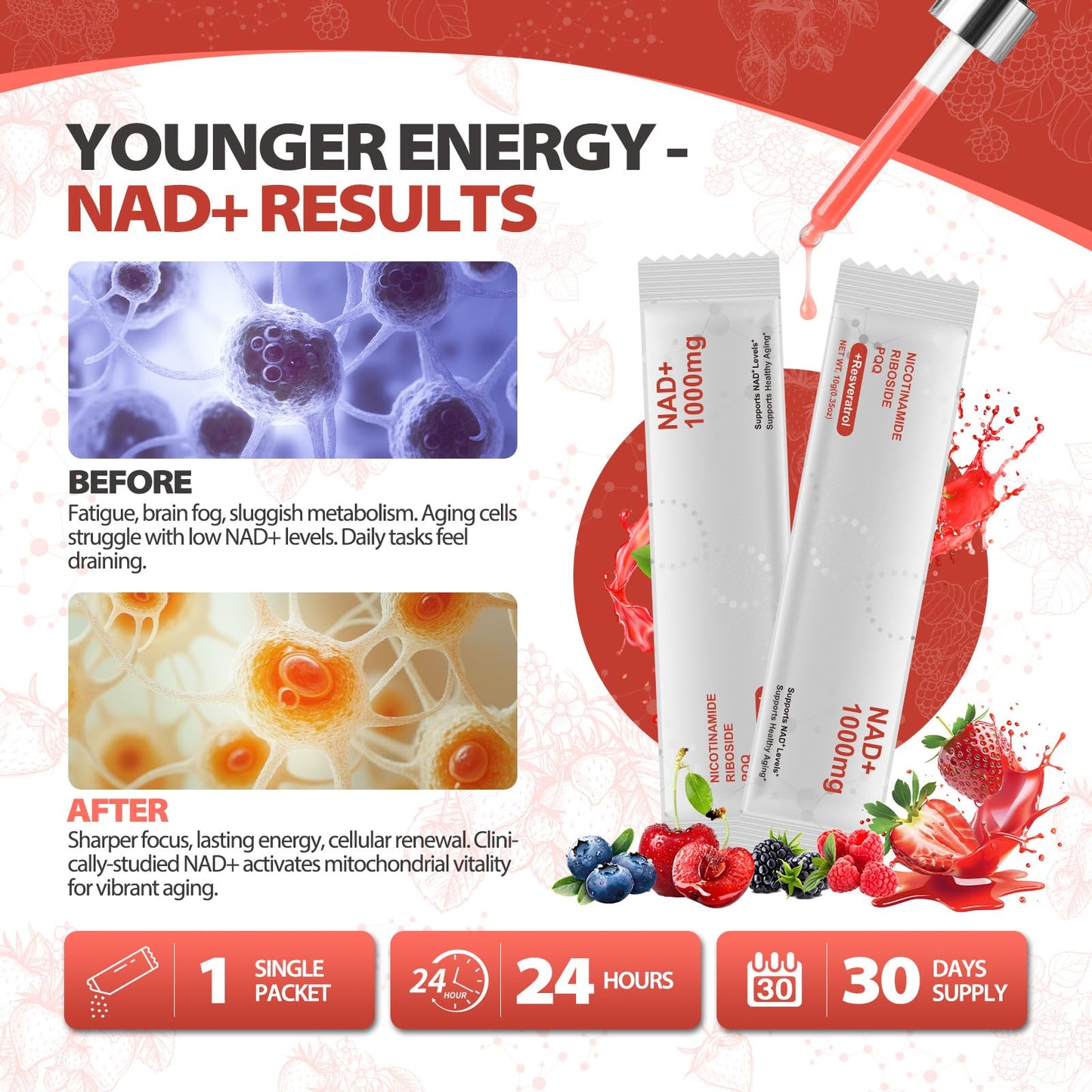 Zooone NAD+ Liquid Supplement 1000mg, Nicotinamide Riboside & Resveratrol, Extra Strength Berry Flavor Drink Mix for Energy, Focus & Anti-Aging -30 Pack ZoooneBuy Supplements Australia