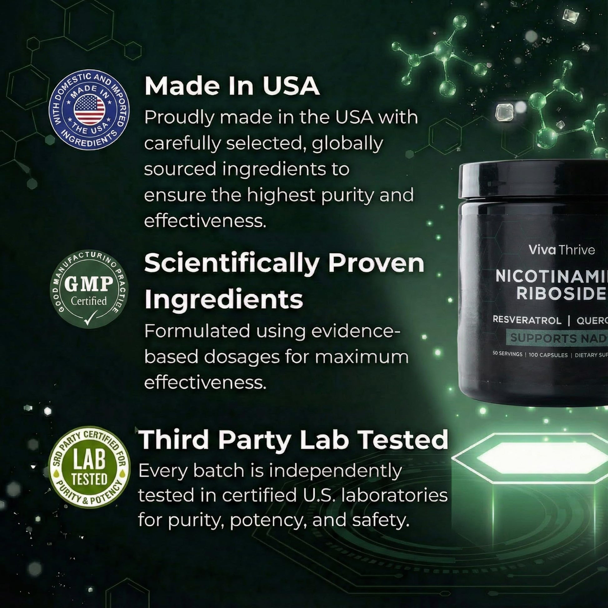 VivaThrive Advanced NAD+ Complex - NMNH Supplement Alternative - 50 Day Supply - Triple Action NAD+ Supplement - Nicotinamide Riboside - Resveratrol - Quercetin - Third-Party Tested - Made in USA VivaThriveBuy Supplements Australia