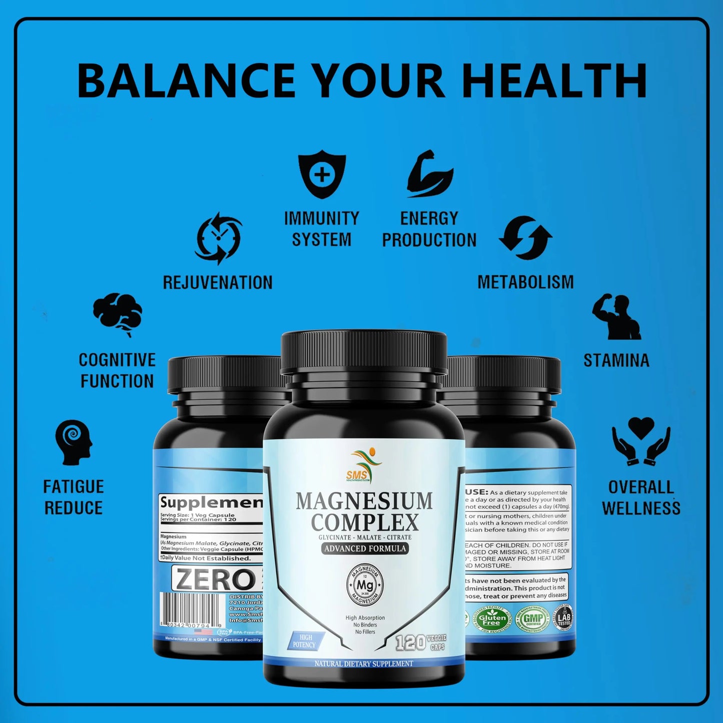 SMSHEALTHPRODUCTS.com Magnesium Complex | 470mg of Magnesium Glycinate, Malate, & Citrate for Muscles, Nerves, & Energy | High Absorption | Vegan, Non-GMO | 120 Capsules SMSHEALTHPRODUCTS.com buy supplements Au