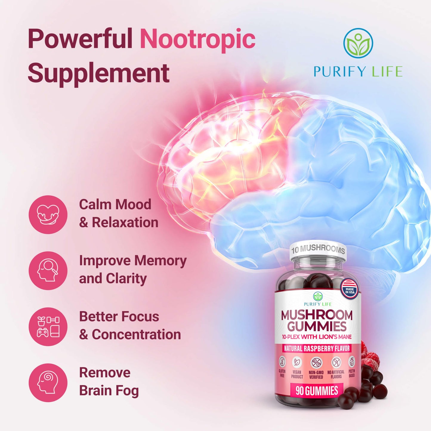 World's First Mushroom Complex Gummies with Lions Mane, Immune Support & Stress Relief, Nootropic Mushroom Supplement for Adults & Children (90 Chews 2500mg/serving) Purify LifeBuy Supplements Australia