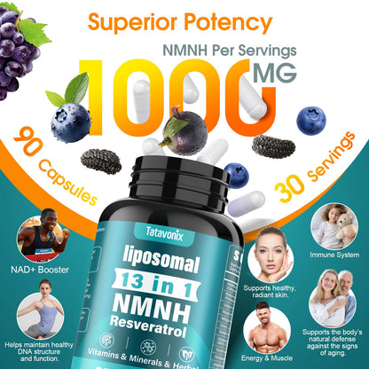 13 in 1 NMNH (Dihydronicotinamide Mononucleotide) 1000mg Per Serving, NMN Supplement Alternative with Liposomal NAD+ and Resveratrol, Non-GMO, Gluten-Free – for Anti-Aging, Energy, Focus – 90 Capsules TatavonixBuy Supplements Australia