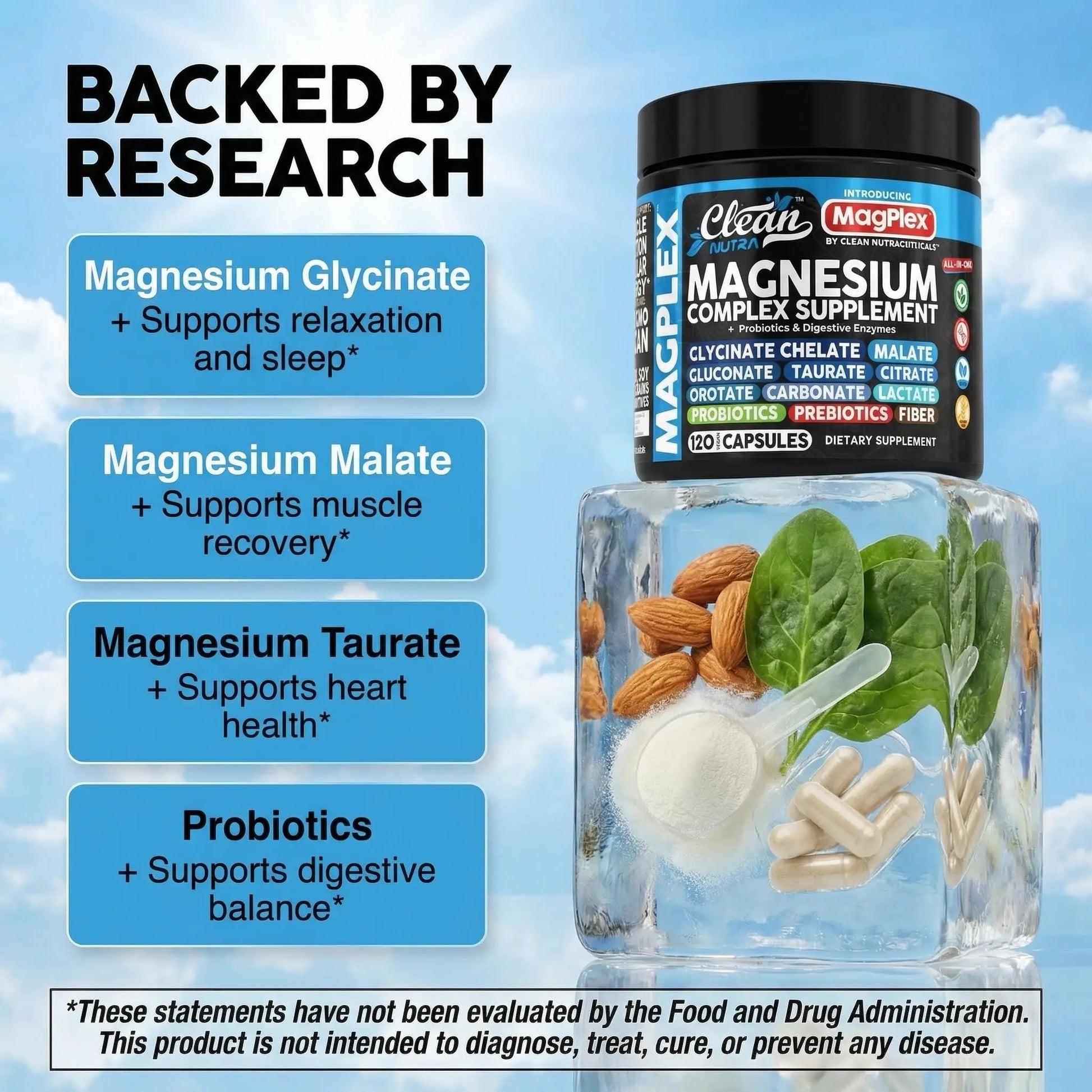8in1 Magnesium Supplement Complex | Magnesium Glycinate Citrate Malate Gluconate Orotate Carbonate Lactate + Prebiotics Probiotics Digestive Enzymes Magnesio Clean Nutraceuticals