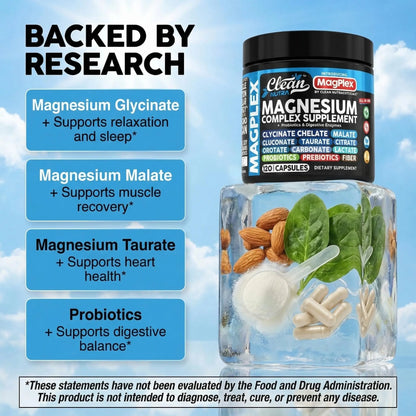 8in1 Magnesium Supplement Complex | Magnesium Glycinate Citrate Malate Gluconate Orotate Carbonate Lactate + Prebiotics Probiotics Digestive Enzymes Magnesio Clean Nutraceuticals