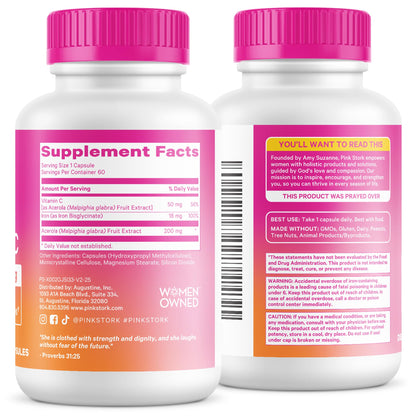 Pink Stork Iron for Women – 18 mg Non-Constipating Iron Bisglycinate + Vitamin C for Optimal Absorption – Energy, Focus, & Oxygen Supply – PMS, Pregnancy, Postpartum & Perimenopause - 60 Capsules Pink StorkBuy Supplements Australia
