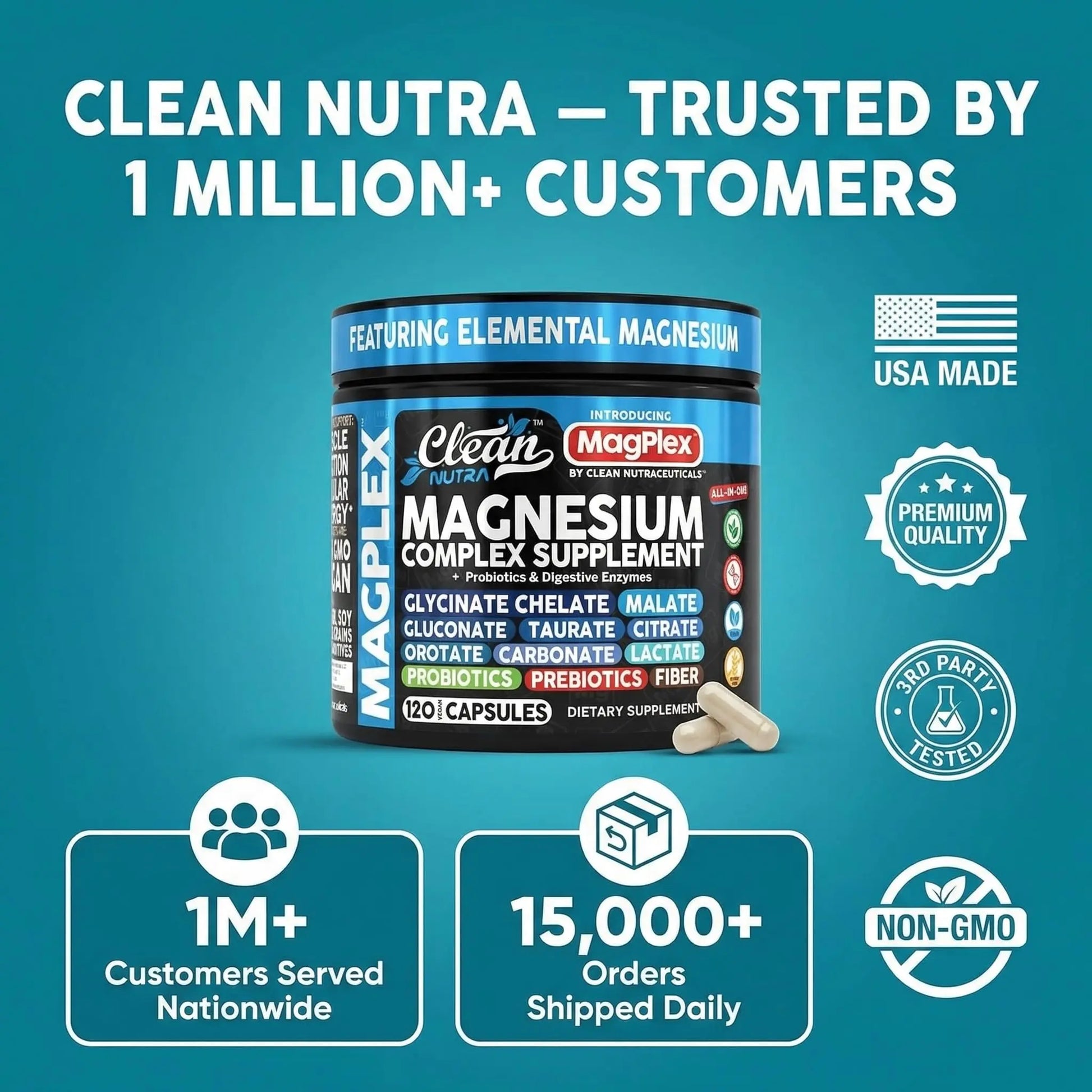 8in1 Magnesium Supplement Complex | Magnesium Glycinate Citrate Malate Gluconate Orotate Carbonate Lactate + Prebiotics Probiotics Digestive Enzymes Magnesio Clean Nutraceuticals