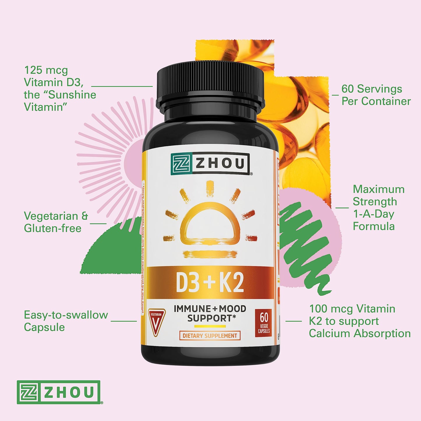 Zhou Nutrition Vitamin D3 K2, Bone and Heart Health Formula 5000 IU Vitamin D3 & 90 mcg Zhou Nutrition