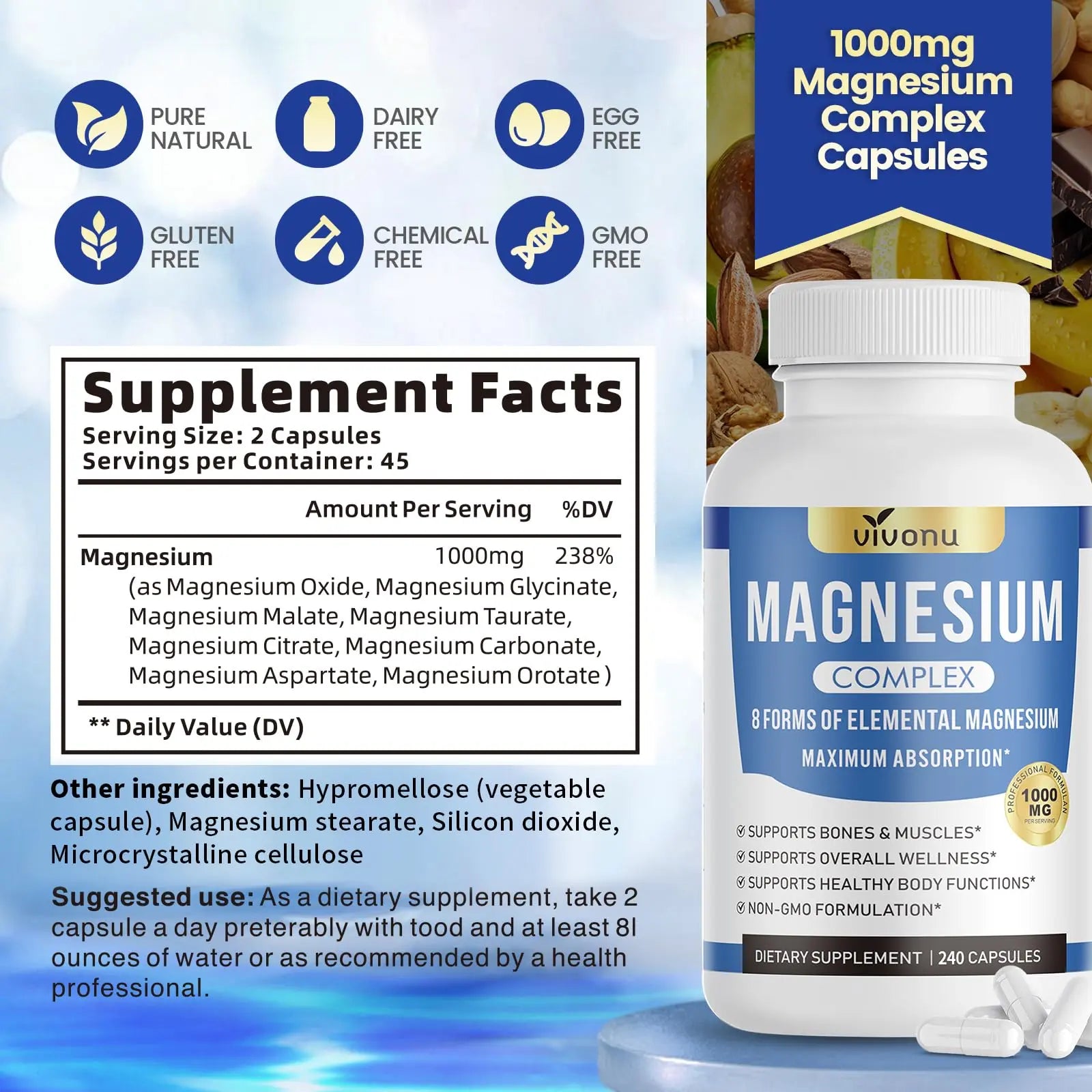 1000mg Magnesium Complex for Women & Men*, 8 Elemental with Magnesium Glycinate, Citrate, Malate, Taurate, Oxide, Carbonate, Aspartate, Orotate for Bones, Muscle VivoNu