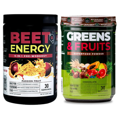 Two supplement containers labeled 'Beet Energy' and 'Greens & Fruits' on a white background.