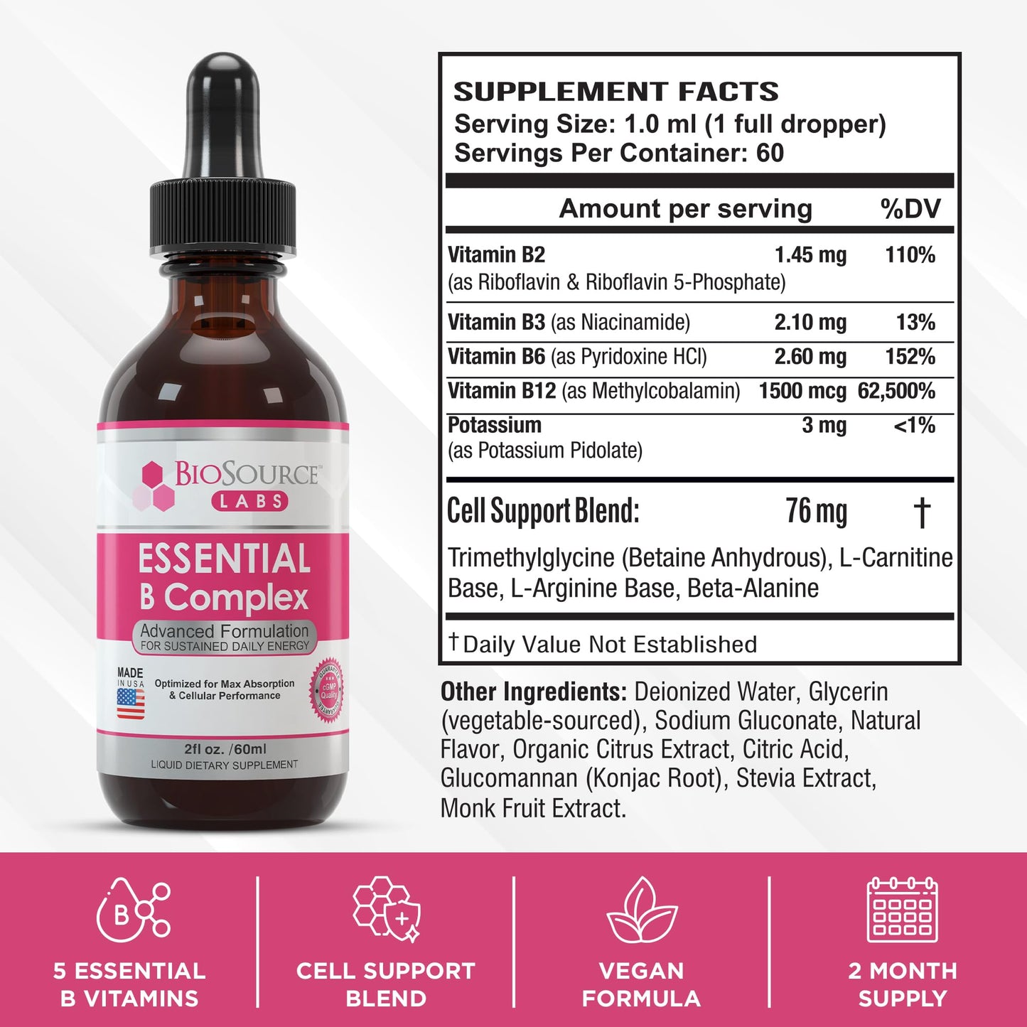 BioSource Labs Essential B Complex - Daily Vegan Vitamin B-Complex Sublingual Liquid BioSource LabsBuy Supplements Australia