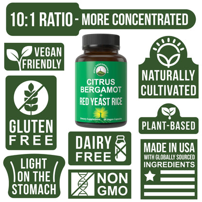 Citrus Bergamot + Red Yeast Rice. 2-in-1 Supplement. High Strength 10:1 Bergamot Extract. No Gluten, Zero Sugar, Vegan Capsules Peak PerformanceBuy Supplements Australia