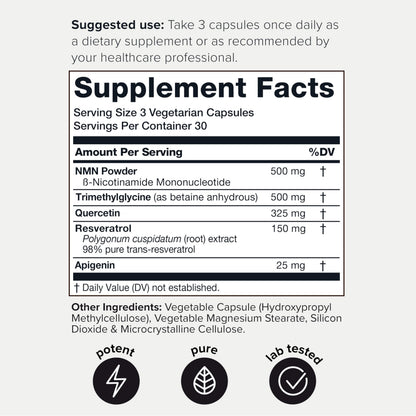 1500mg NMN Supplement with Resveratrol – High Potency Nicotinamide Mononucleotide 500mg with Trimethylglycine, Quercetin, Resveratrol & Apigenin – Pure NMN Capsules – Third-Party Tested – 30 Servings ToniiqBuy Supplements Australia