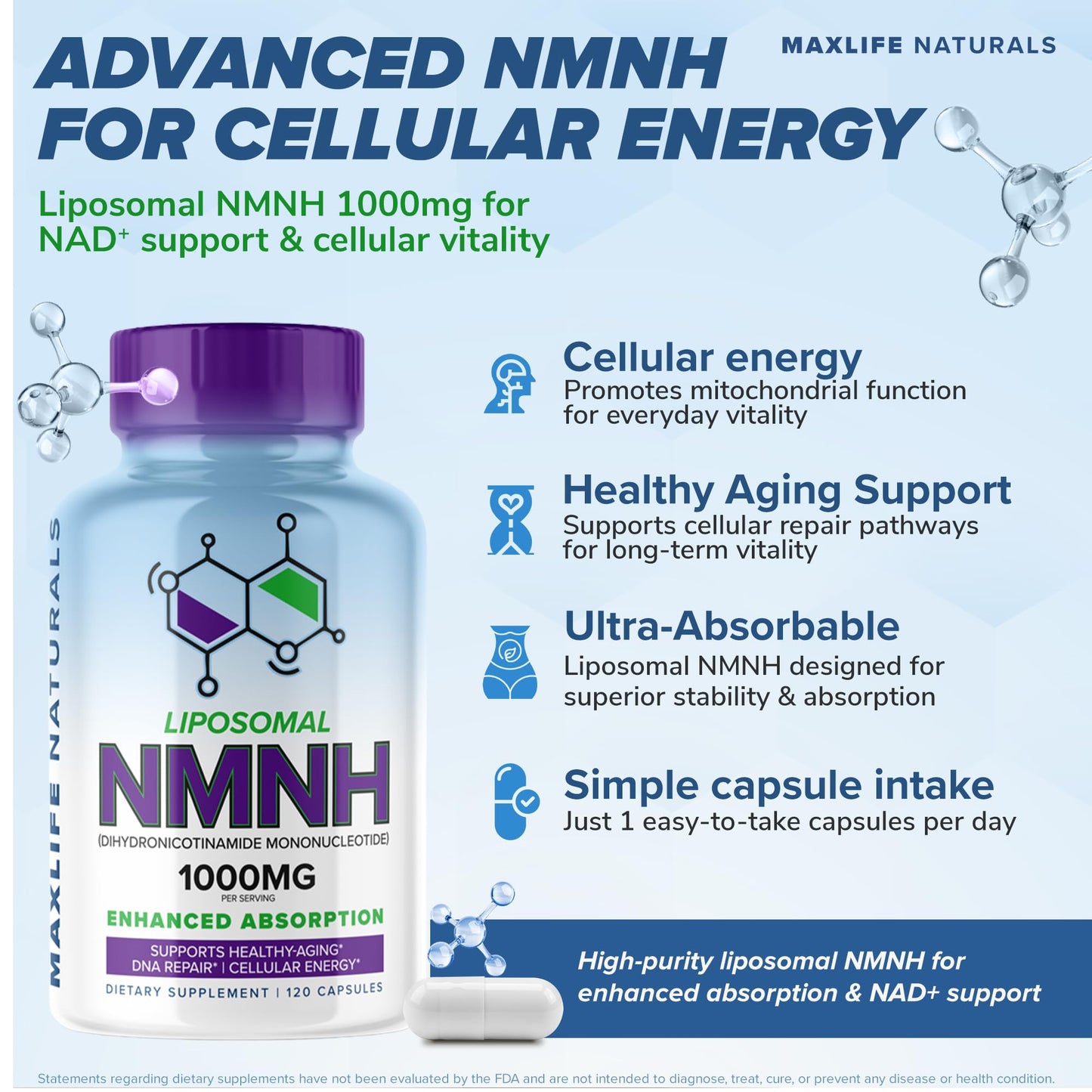 Liposomal NMNH 1000mg - 120 Capsules, Dihydronicotinamide Mononucleotide NAD+ Precursor - Ultra-Absorbable NAD Plus Complex, Liposomal NMN Supplements Capsules for Aging Support & Cellular Energy MAXLIFE NATURALSBuy Supplements Australia