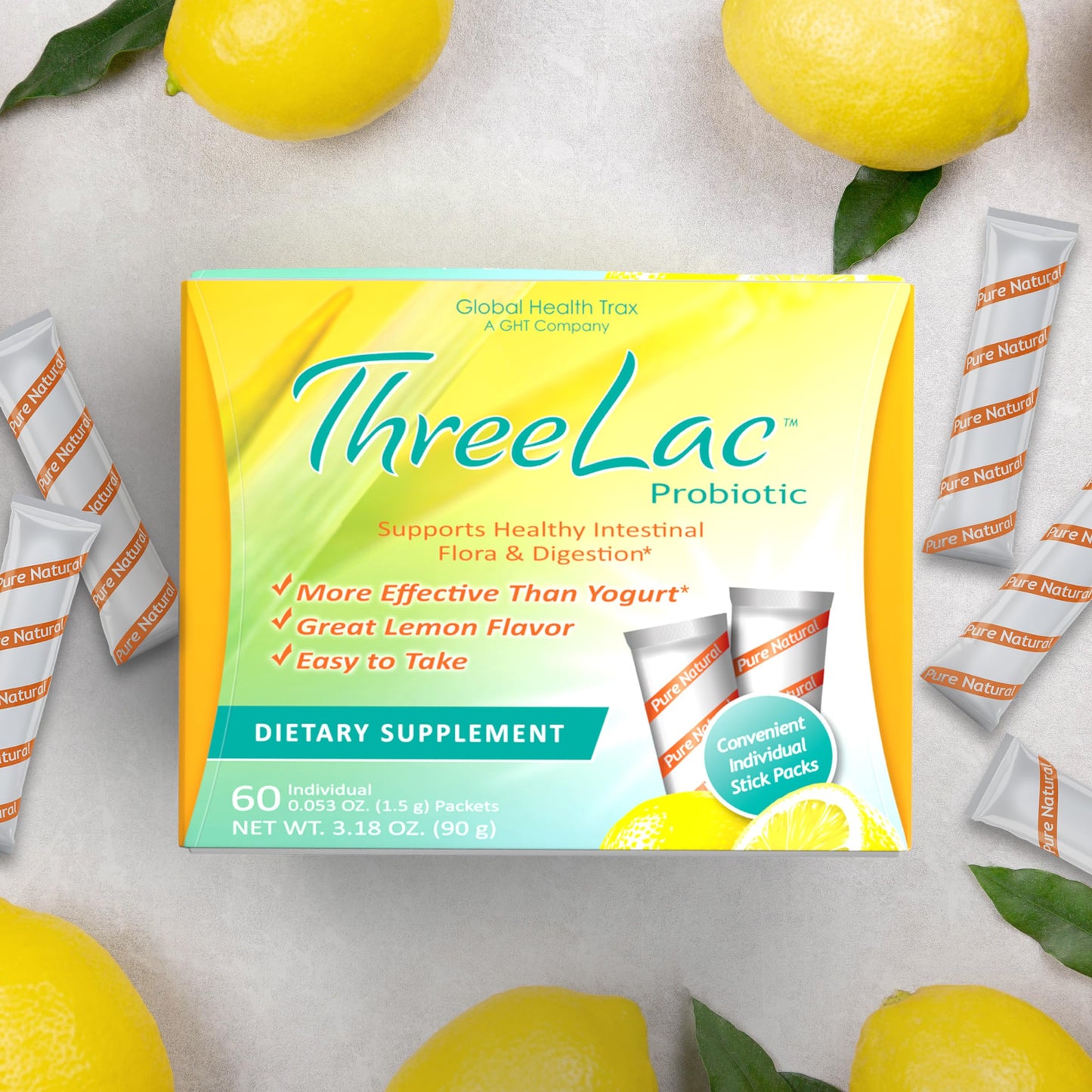Global Health Trax GHT - ThreeLac Lemon Probiotic Drink Mix for Digestive Health - Advanced Probiotic Powder Formula for Men, Women & Kids - Immune Support & Gut Balance, Non-GMO - 60 Packets ght Global Health TraxBuy Supplements Australia