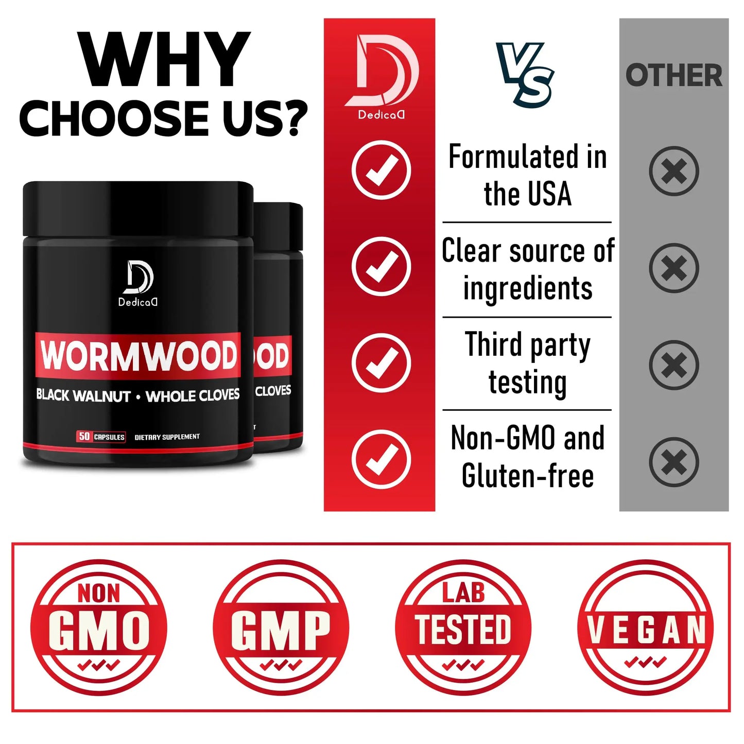 DEDICAD Wormwood Capsules - 12 Herbs Blended Black Walnut, Cloves, Ginger, Turmeric, Cinnamon, Apple, Quassia - 2 Packs 50 Capsules DEDICAD buy supplements Au