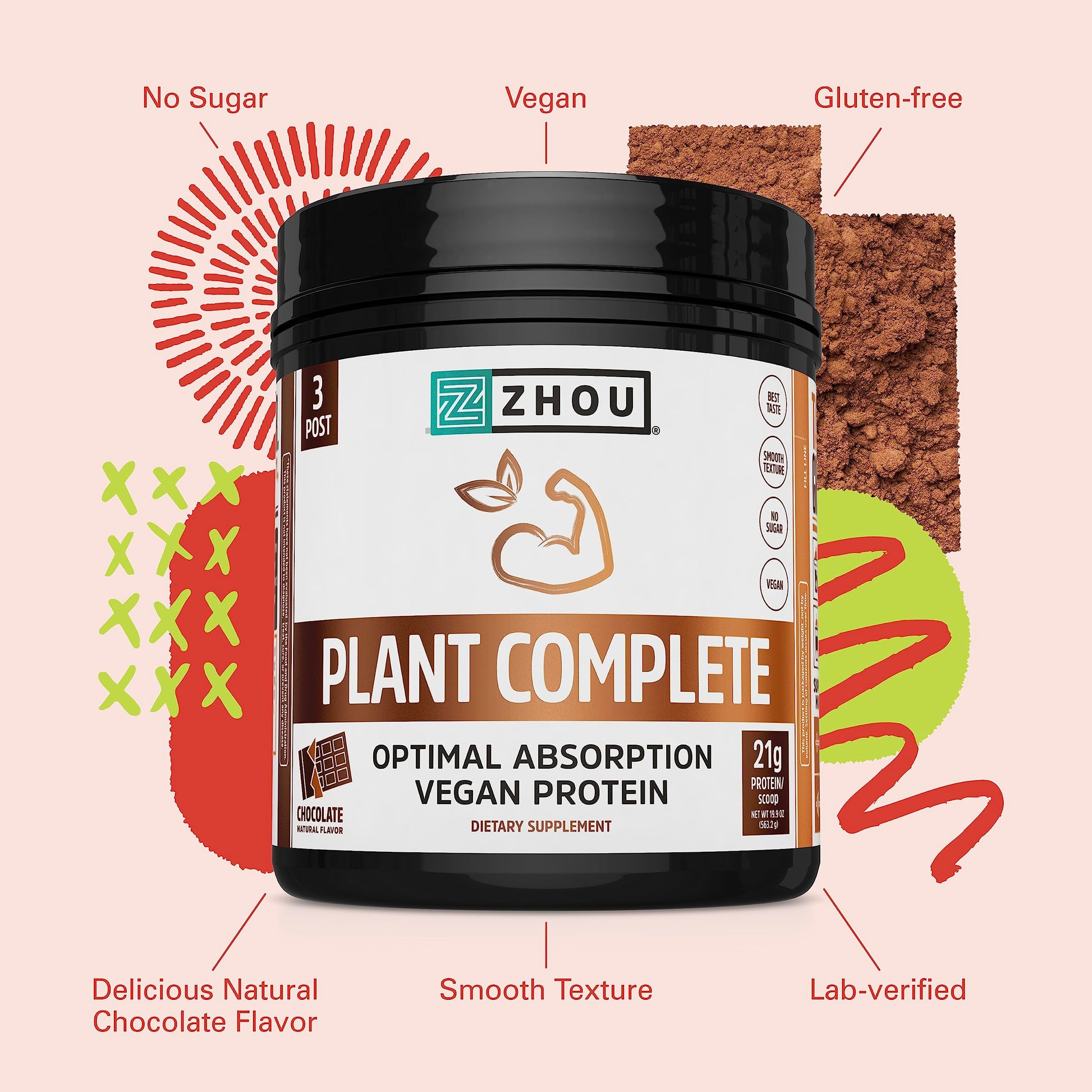 Zhou Nutrition Plant Based Vegan Protein Powder, Best Absorption Digest Score, Complete Zhou Nutrition
