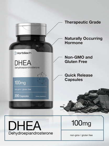 DHEA 100mg | 200 Capsules | Non-GMO, Gluten Free Supplement | by Horbaach Horbäach