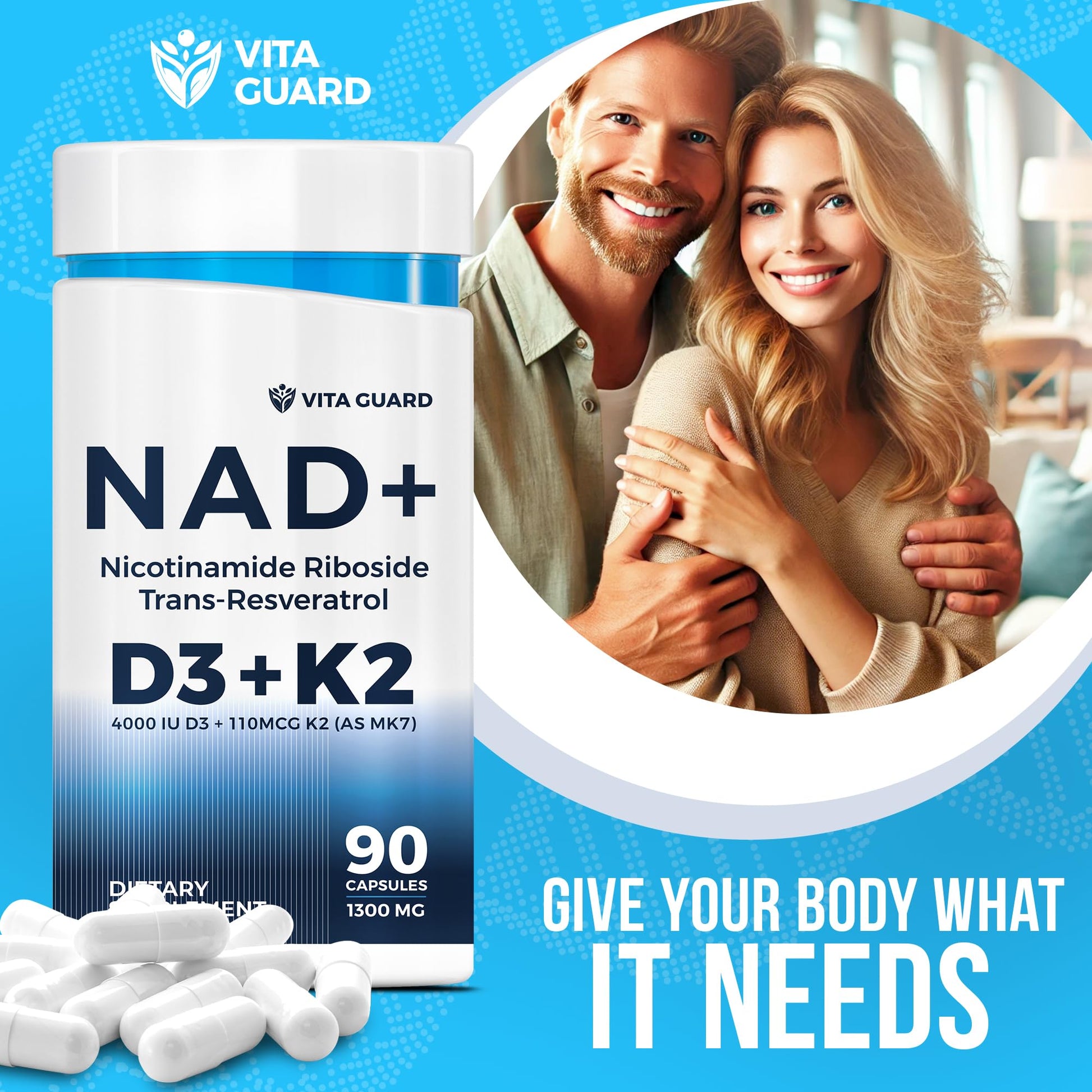 Anti-Aging Energy NAD Supplement – NMN Alternative with Nicotinamide Riboside 1000mg, Trans-Resveratrol 300mg, Vitamin D3 4000 IU and K2 110 mcg MK7 – Vegetarian 60 Capsules, 1300mg Vita GuardBuy Supplements Australia
