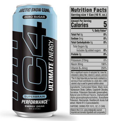 C4 Ultimate Sugar Free Energy Drink 16oz (Pack of 24) | Arctic Snow Cone | Pre Workout Cellucor